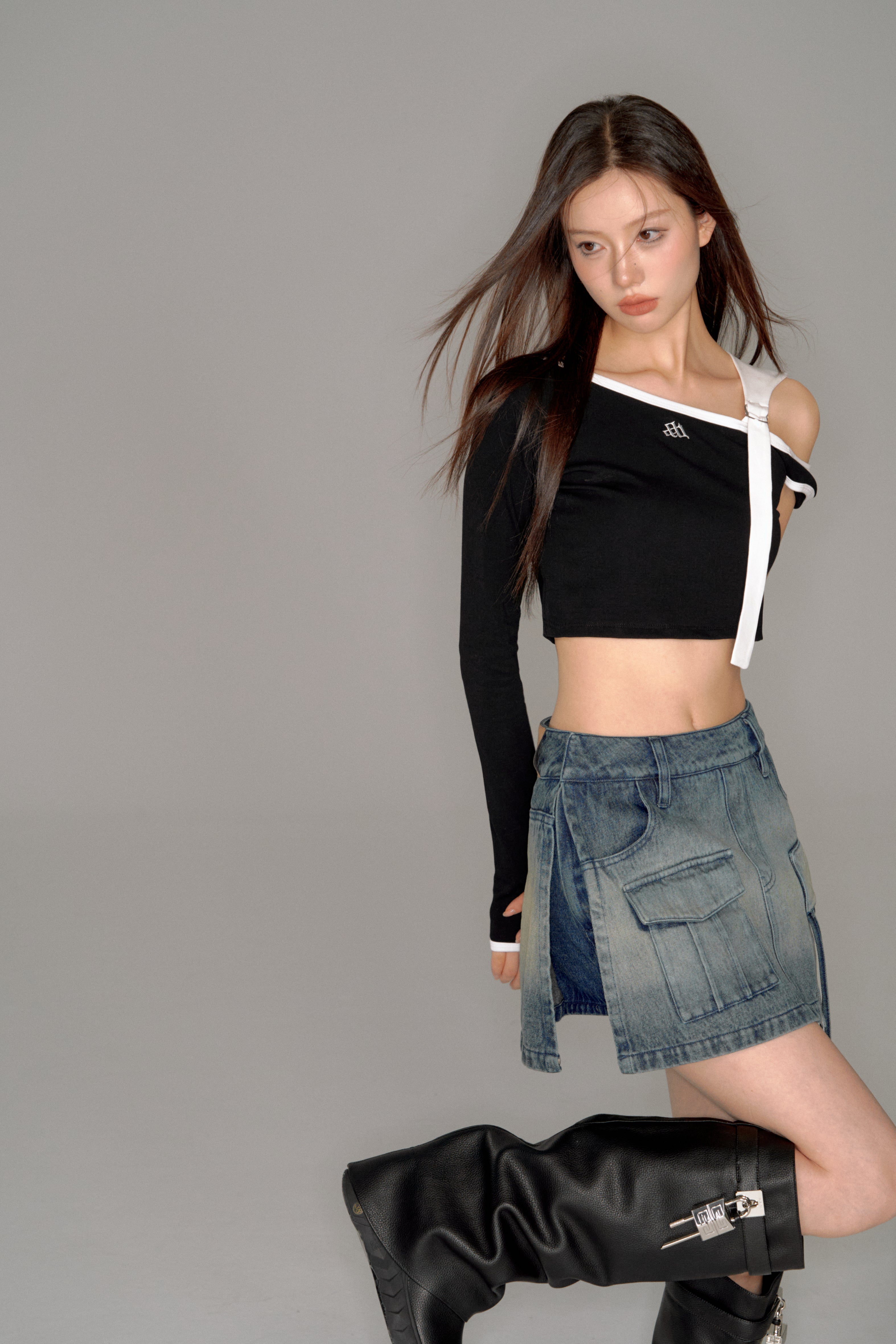 pocket culotte denim mini skirt