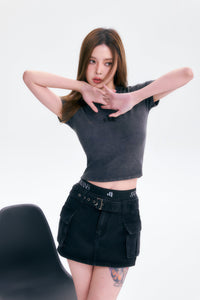 denim cargo mini skirt