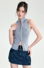 Load image into Gallery viewer, zip up rib knit tops (ice blue) 
