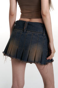 belted pleats denim mini skirt
