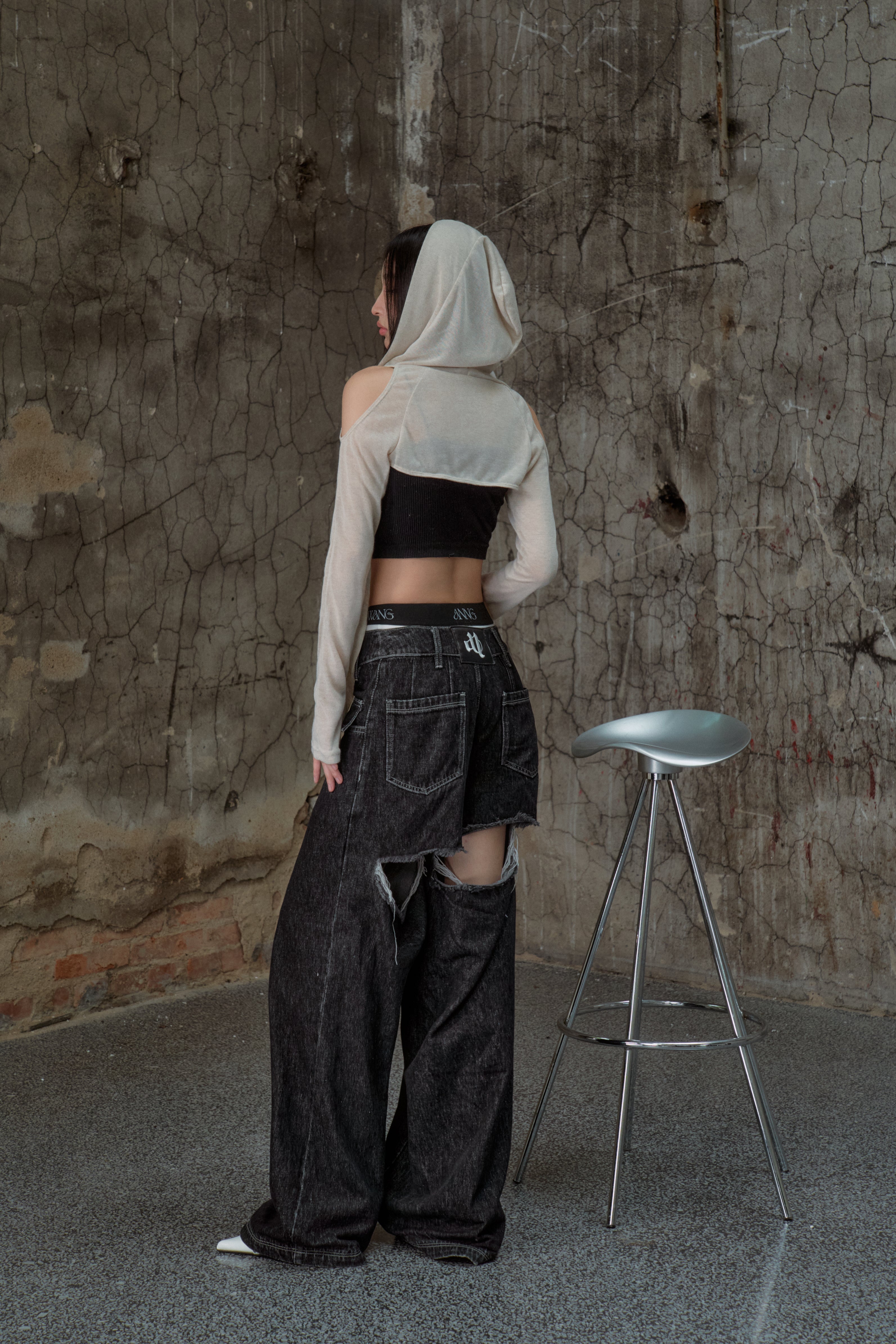 back cutout denim pants (black×white) – ANDWANG