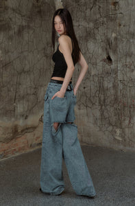 back cutout denim pants (blue)
