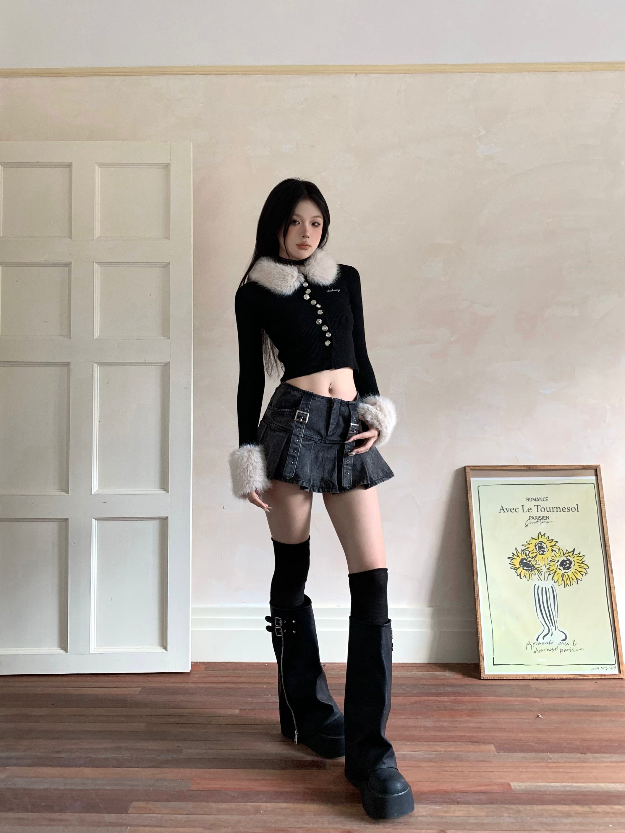 Washed belt denim skirt Washed belt denim skirt