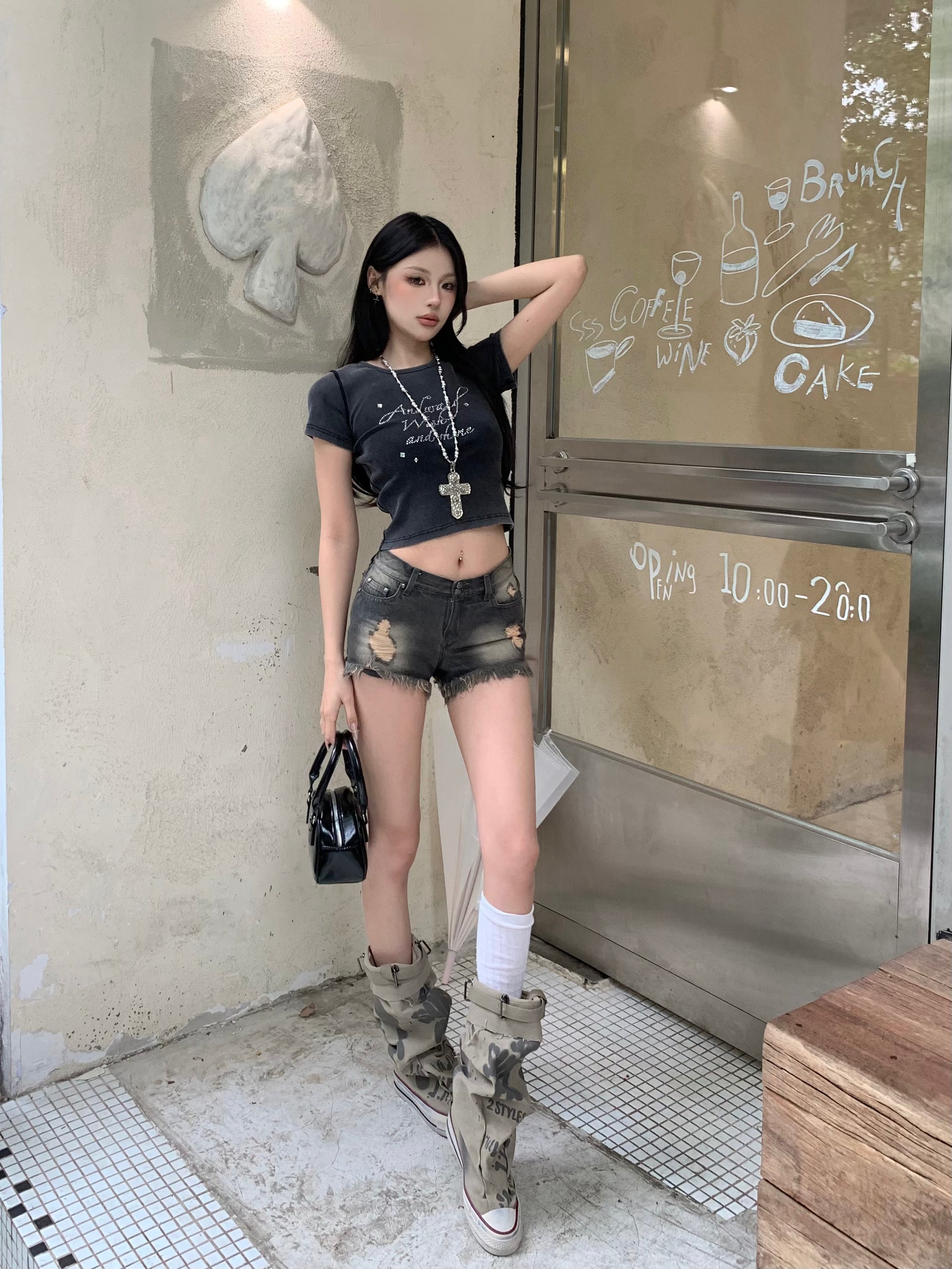 andwang fringe denim short pants