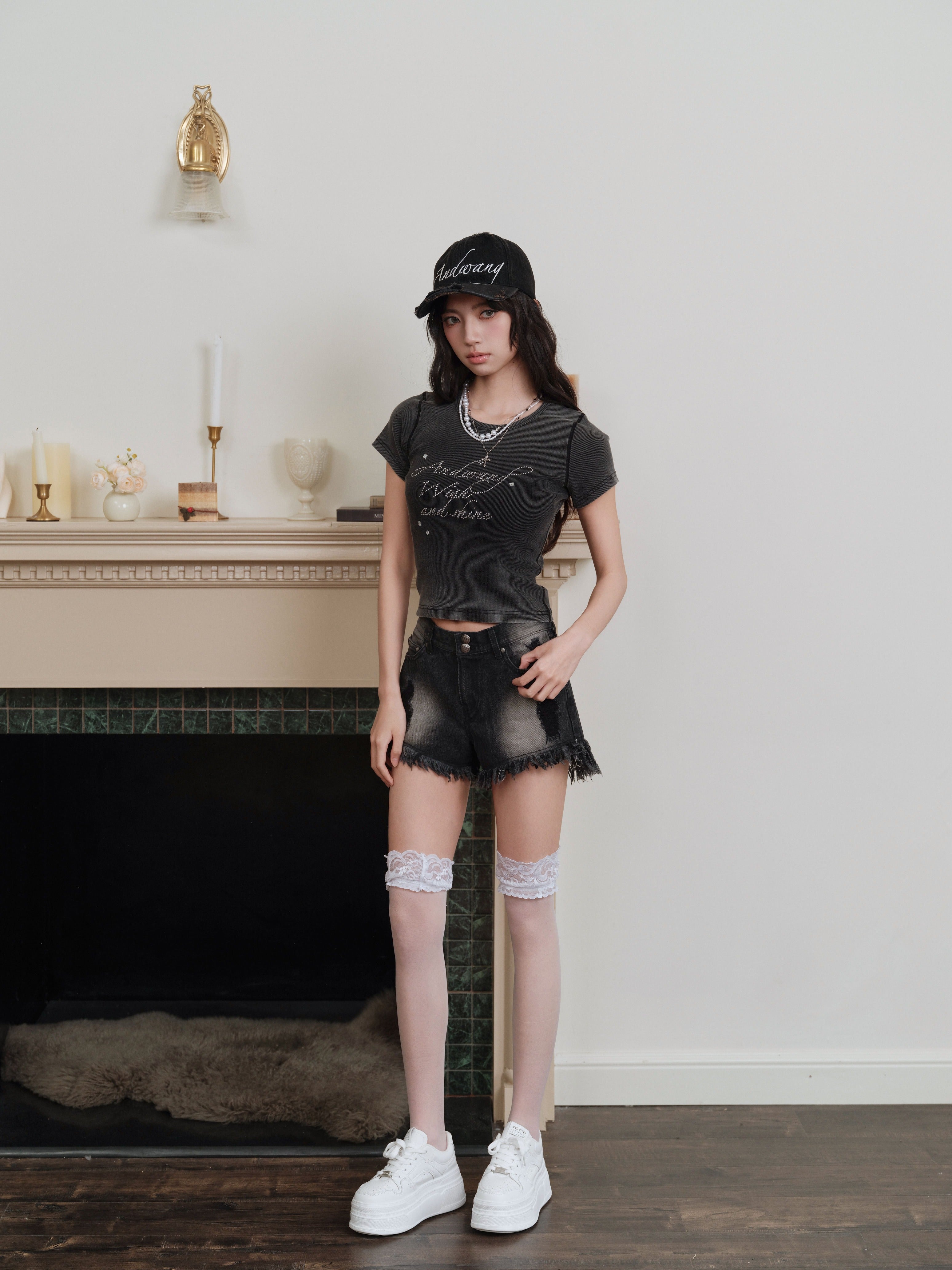 andwang fringe denim short pants