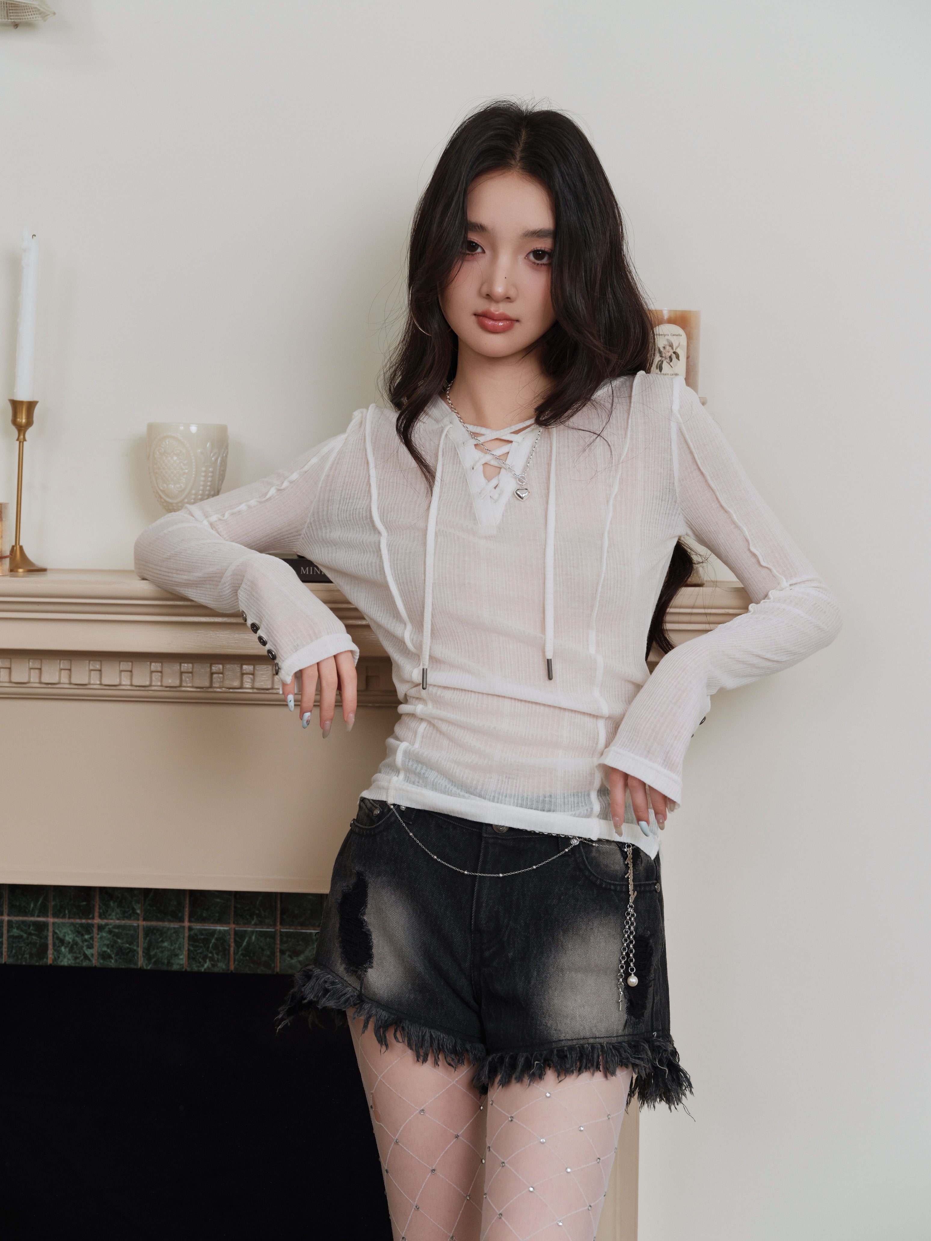 andwang fringe denim short pants