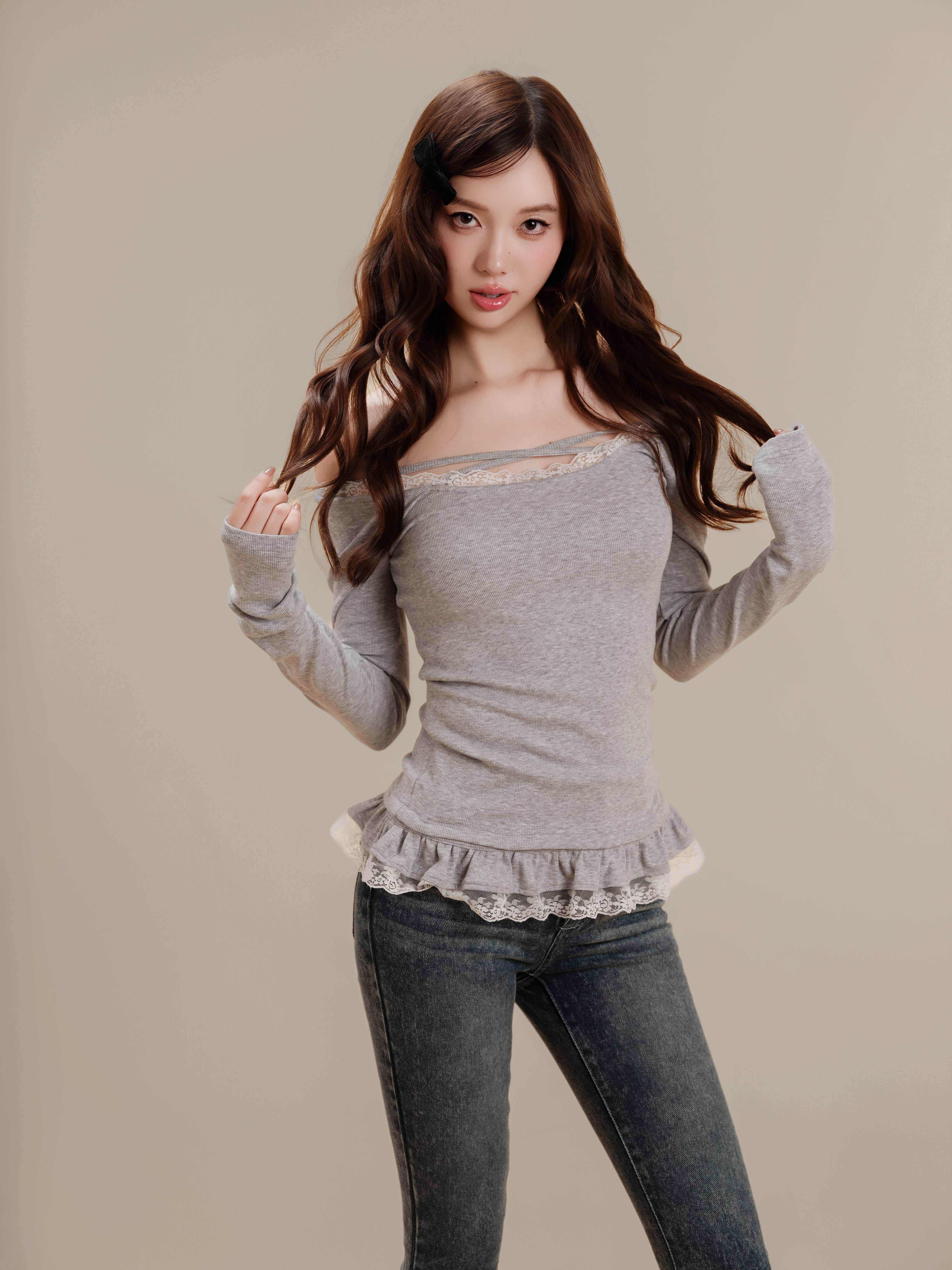 Lace Ribbon Rib Long Sleeve