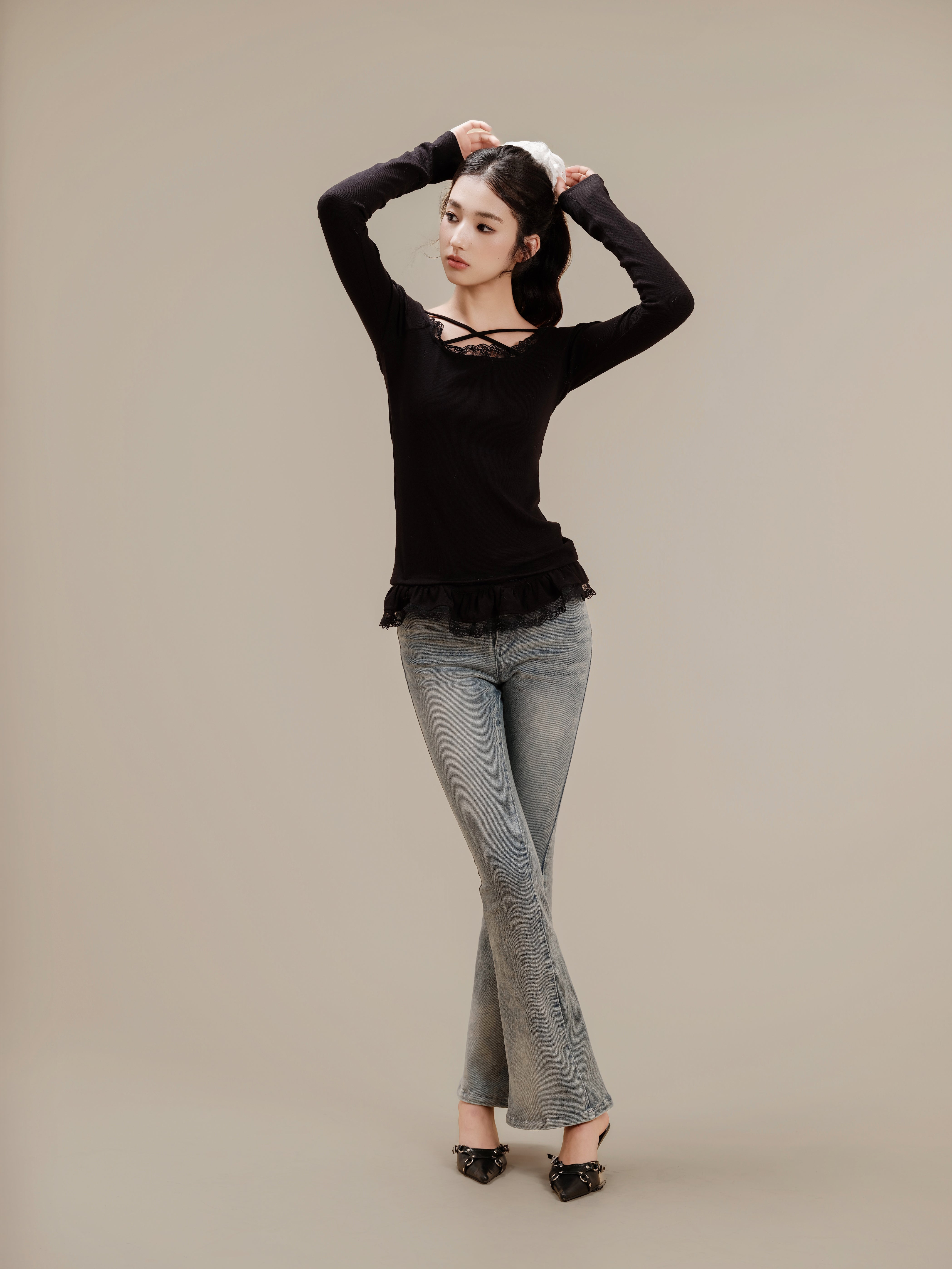 Lace Ribbon Rib Long Sleeve