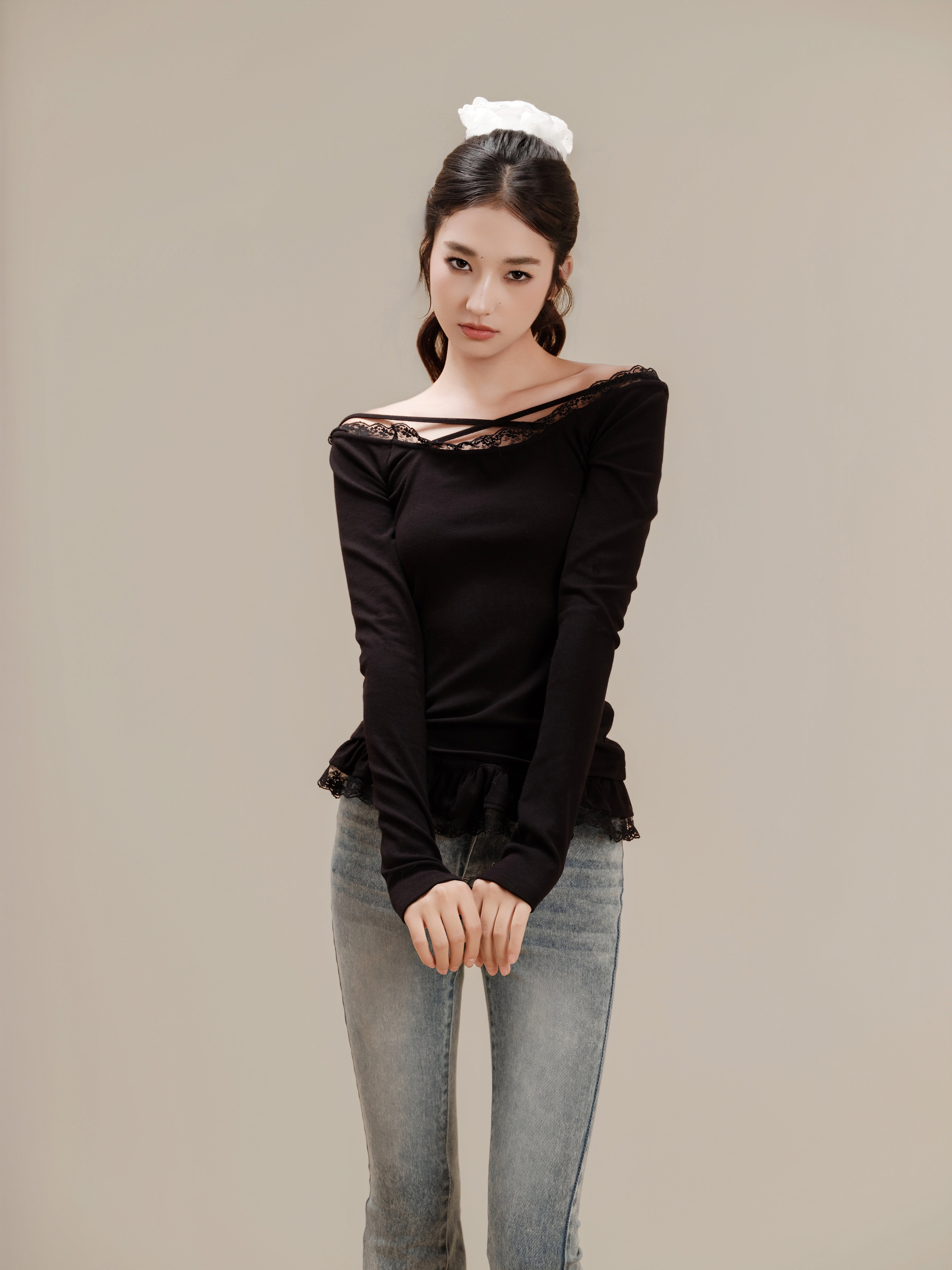 Lace Ribbon Rib Long Sleeve