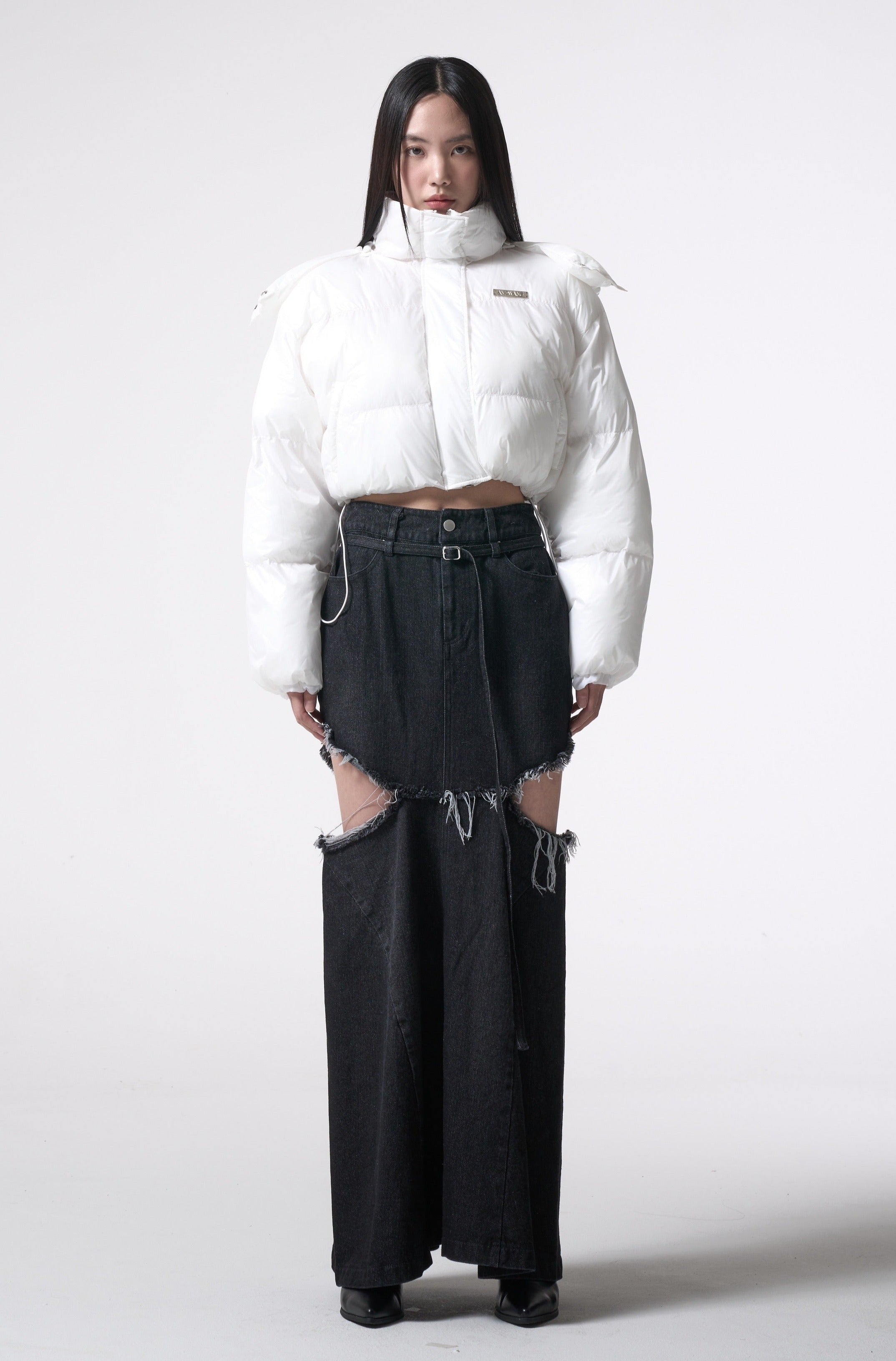 side cutting denim long skirt
