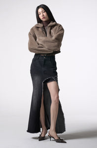 asymmetry cutting long denim skirt