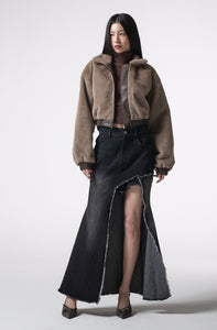 asymmetry cutting long denim skirt 