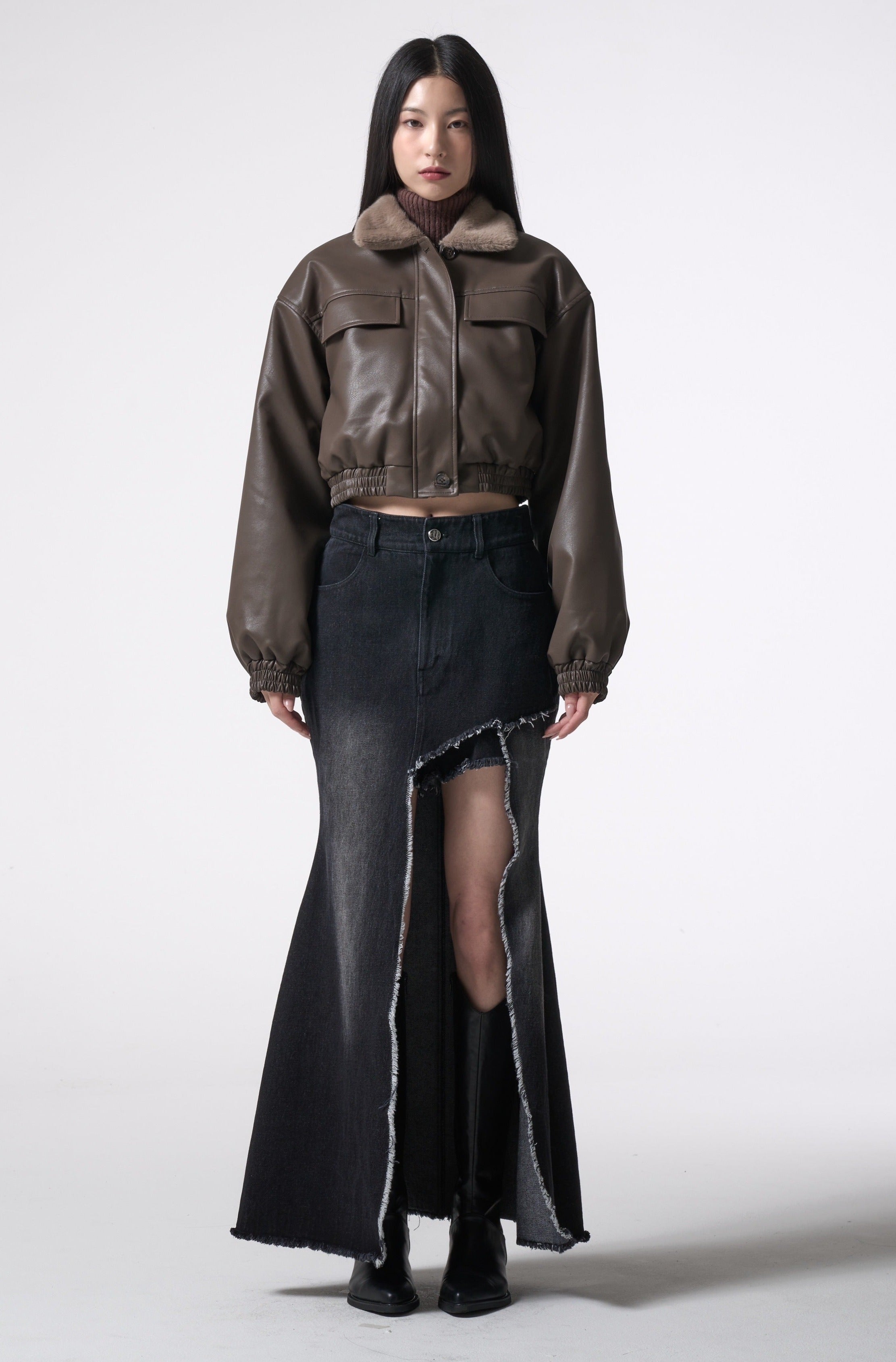 asymmetry cutting long denim skirt