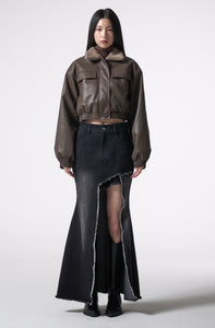 asymmetry cutting long denim skirt