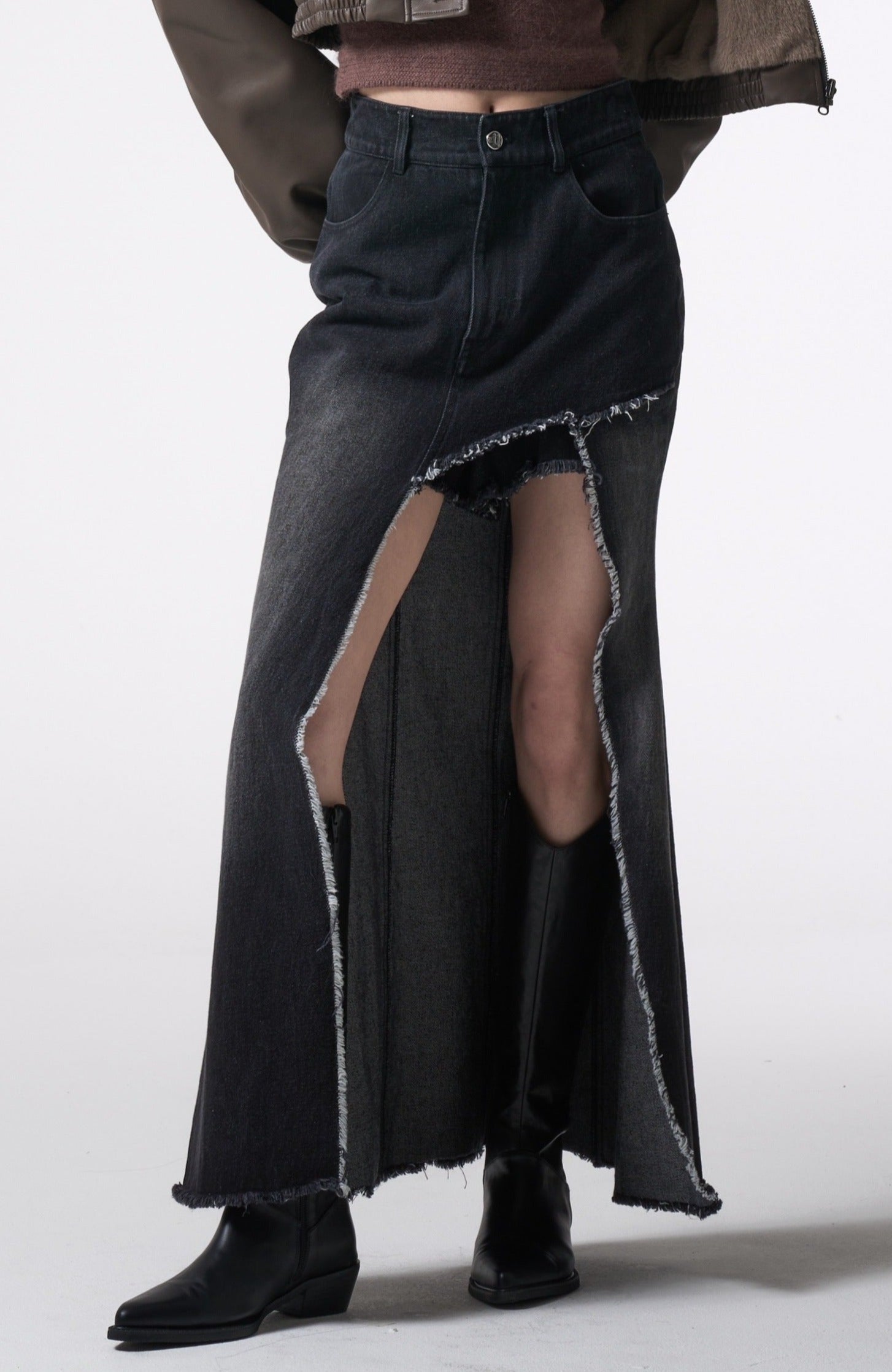 asymmetry cutting long denim skirt
