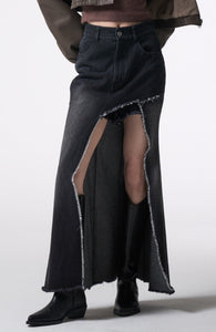 asymmetry cutting long denim skirt 