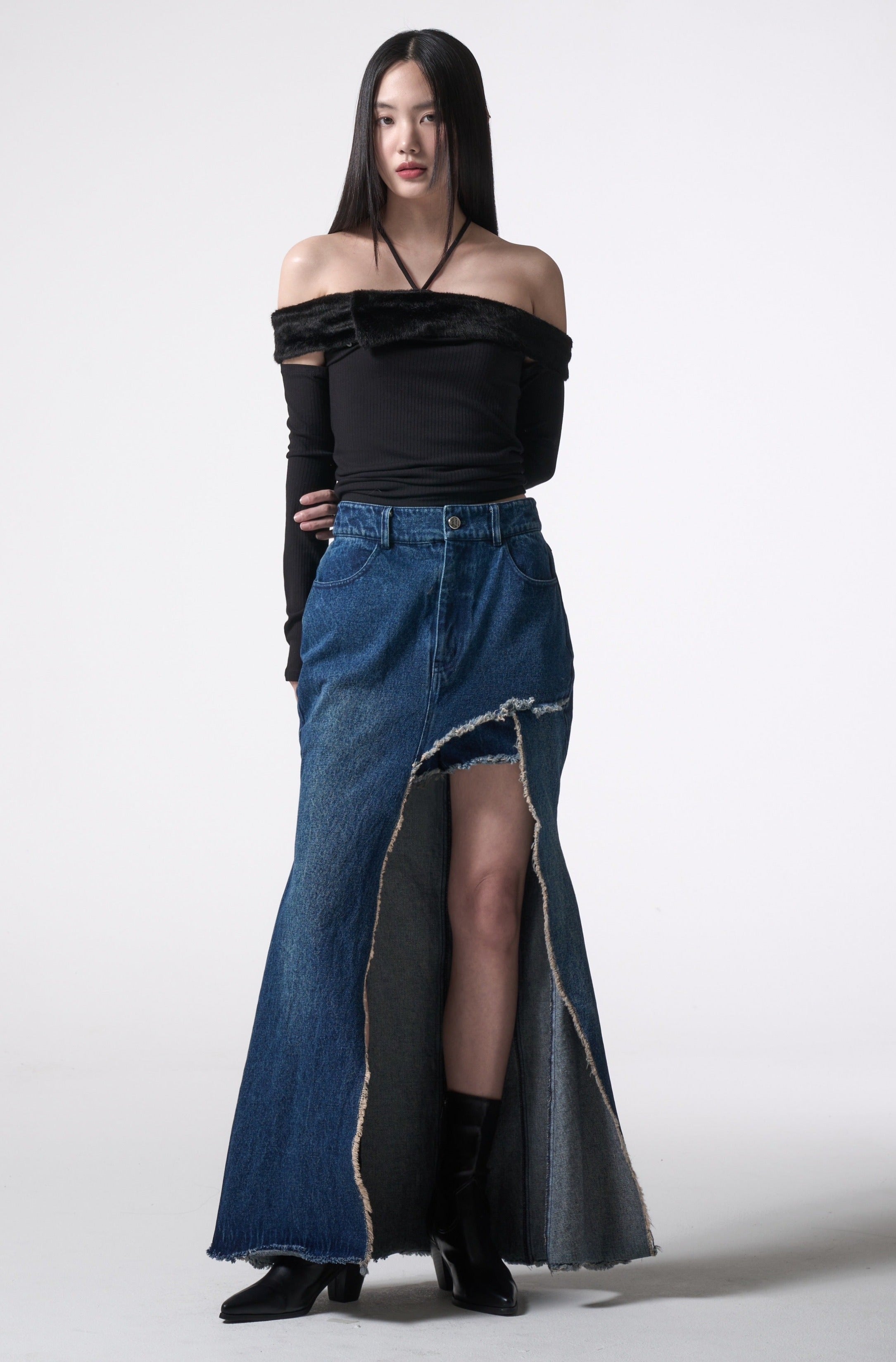 asymmetry cutting long denim skirt
