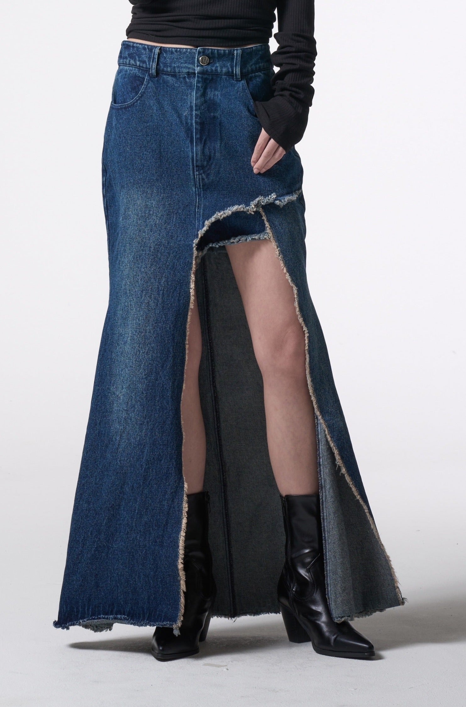 asymmetry cutting long denim skirt 