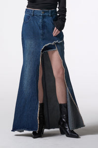 asymmetry cutting long denim skirt