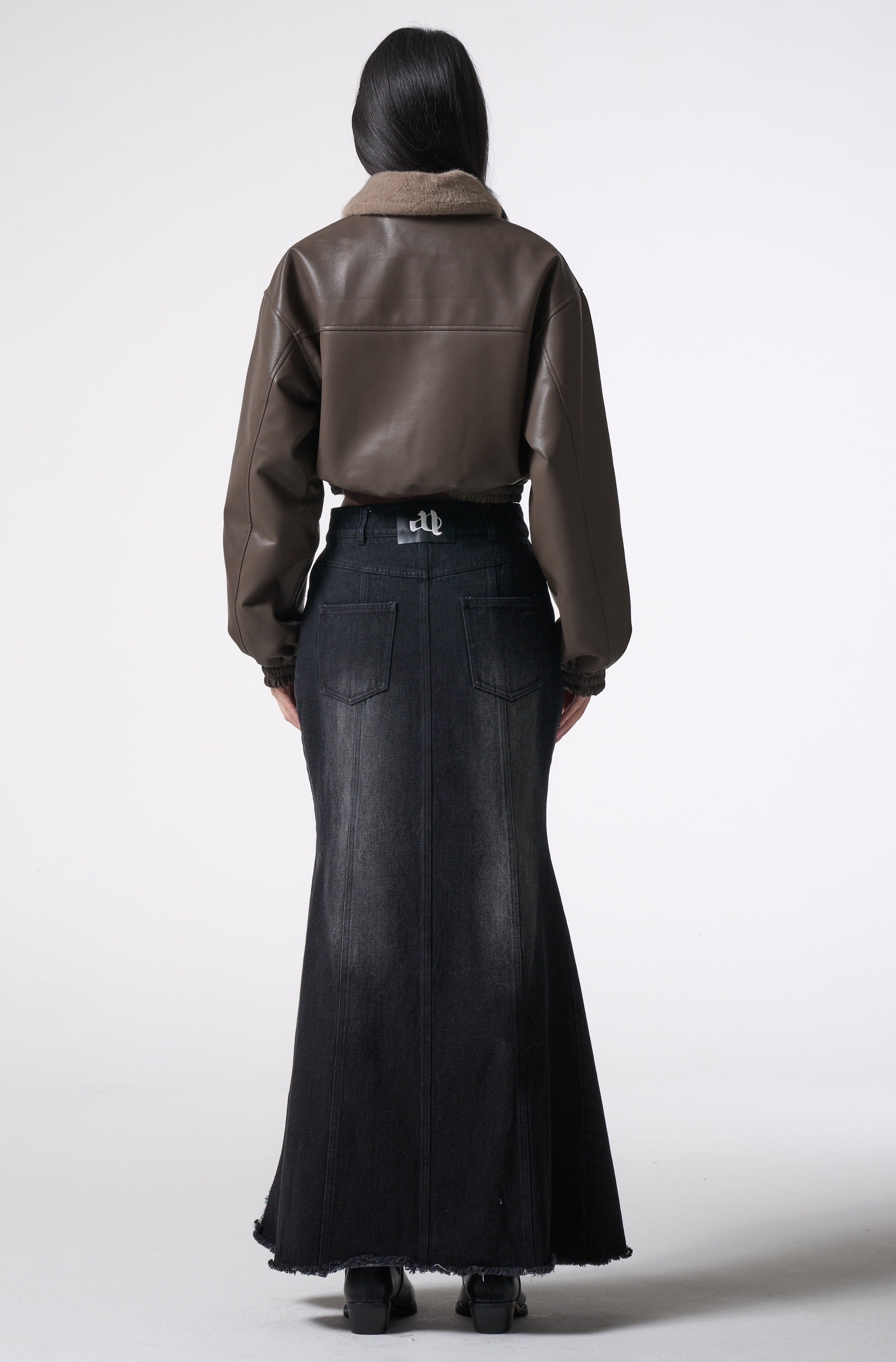 asymmetry cutting long denim skirt