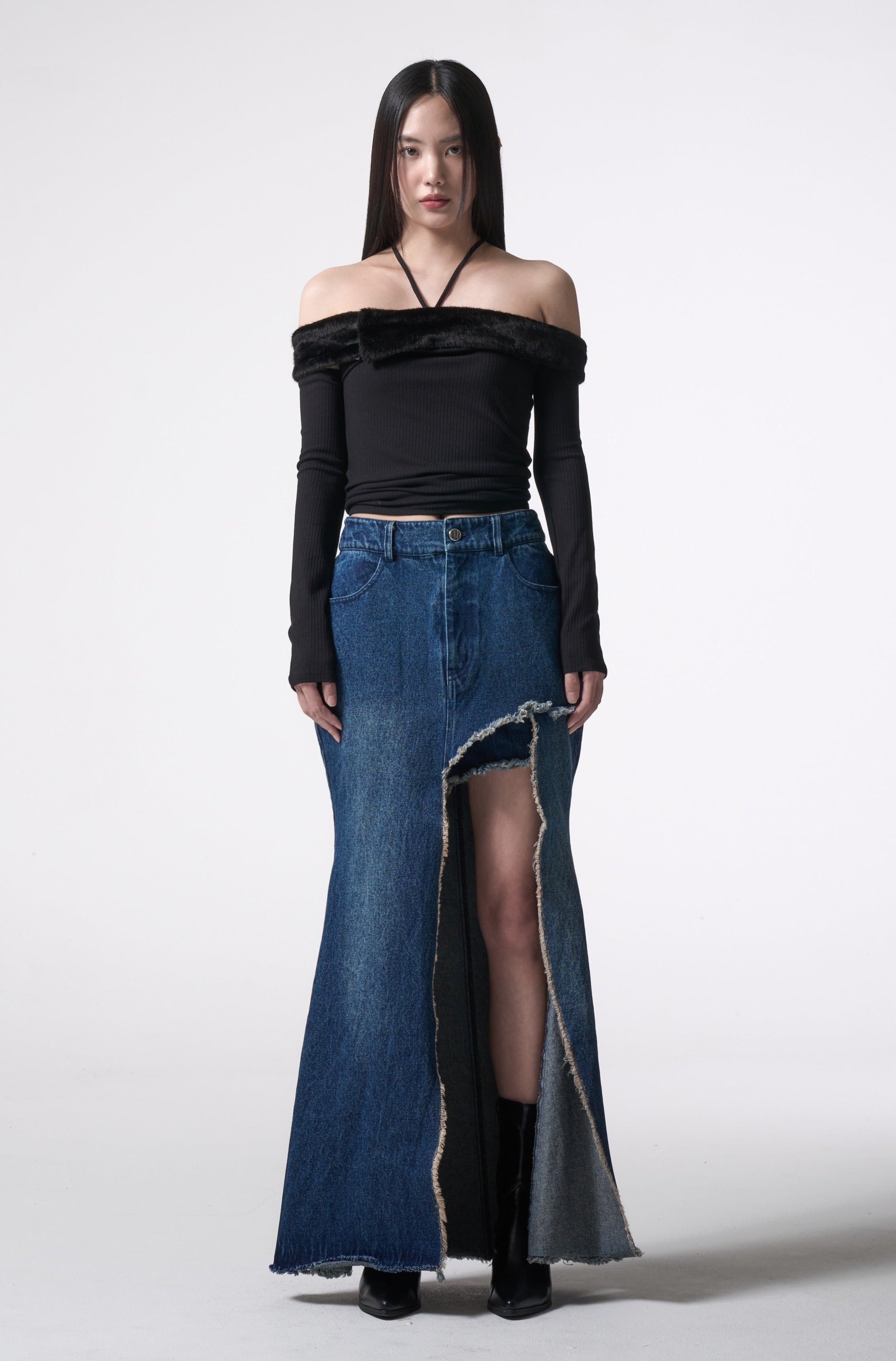 asymmetry cutting long denim skirt 