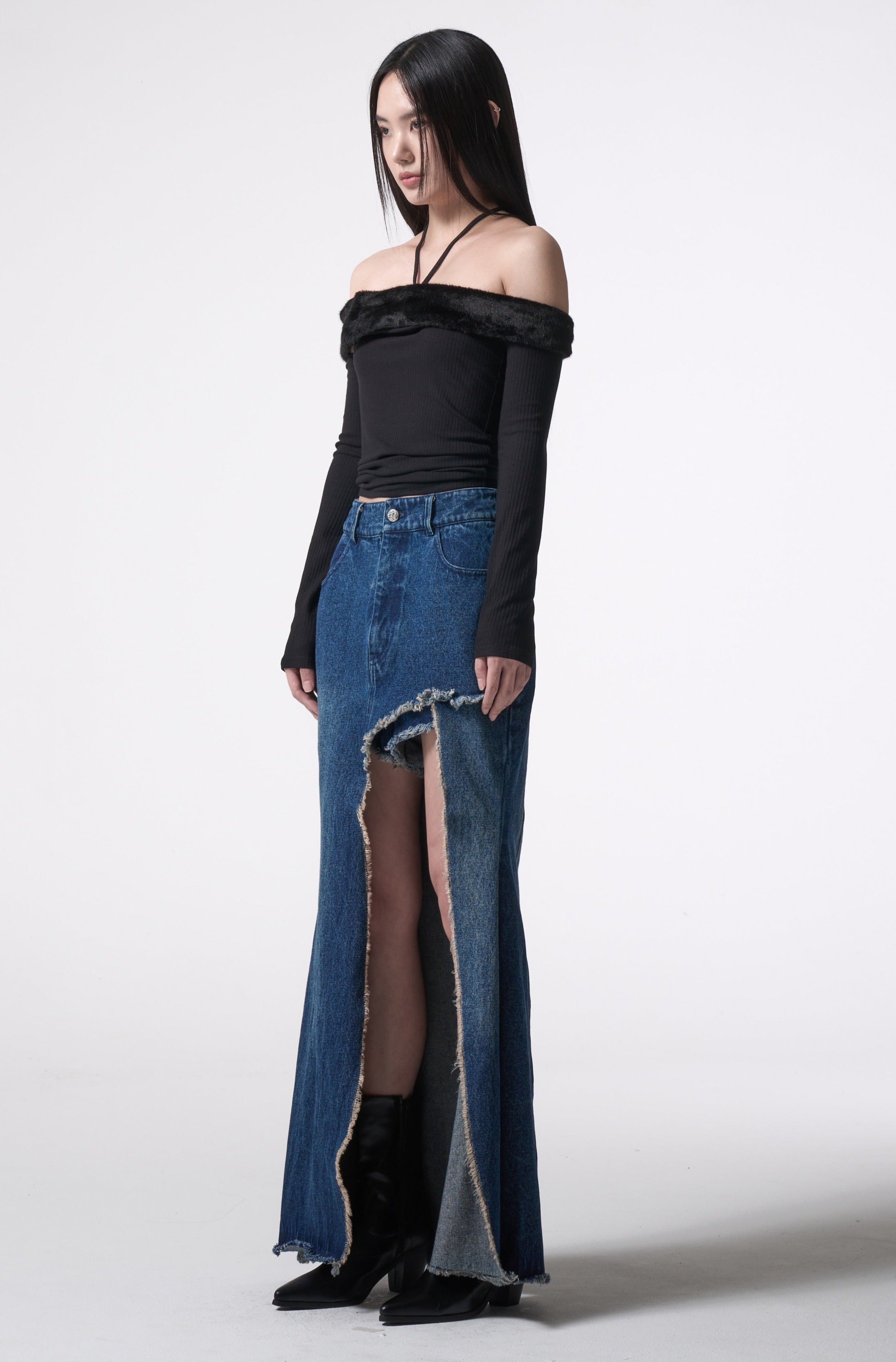 asymmetry cutting long denim skirt
