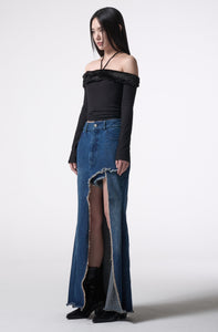 asymmetry cutting long denim skirt 