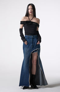 asymmetry cutting long denim skirt 