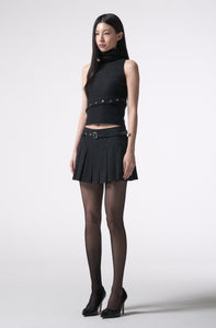 button fluffy nosleeve knit tops
