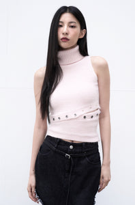 button fluffy nosleeve knit tops