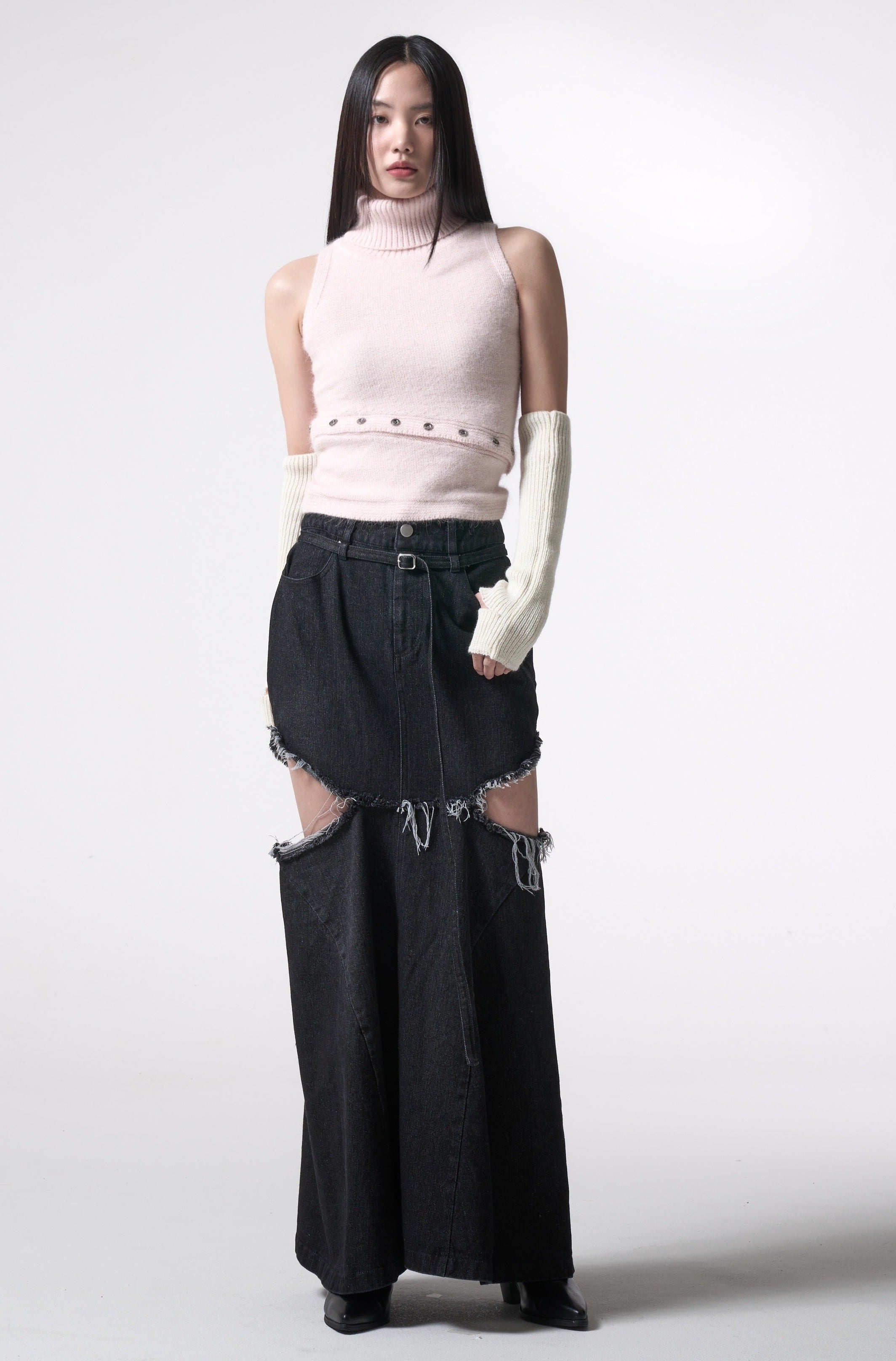 side cutting denim long skirt