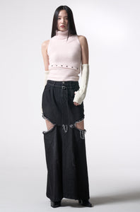 side cutting denim long skirt