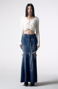 side cutting denim long skirt