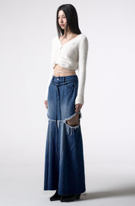 side cutting denim long skirt