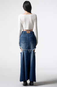 side cutting denim long skirt