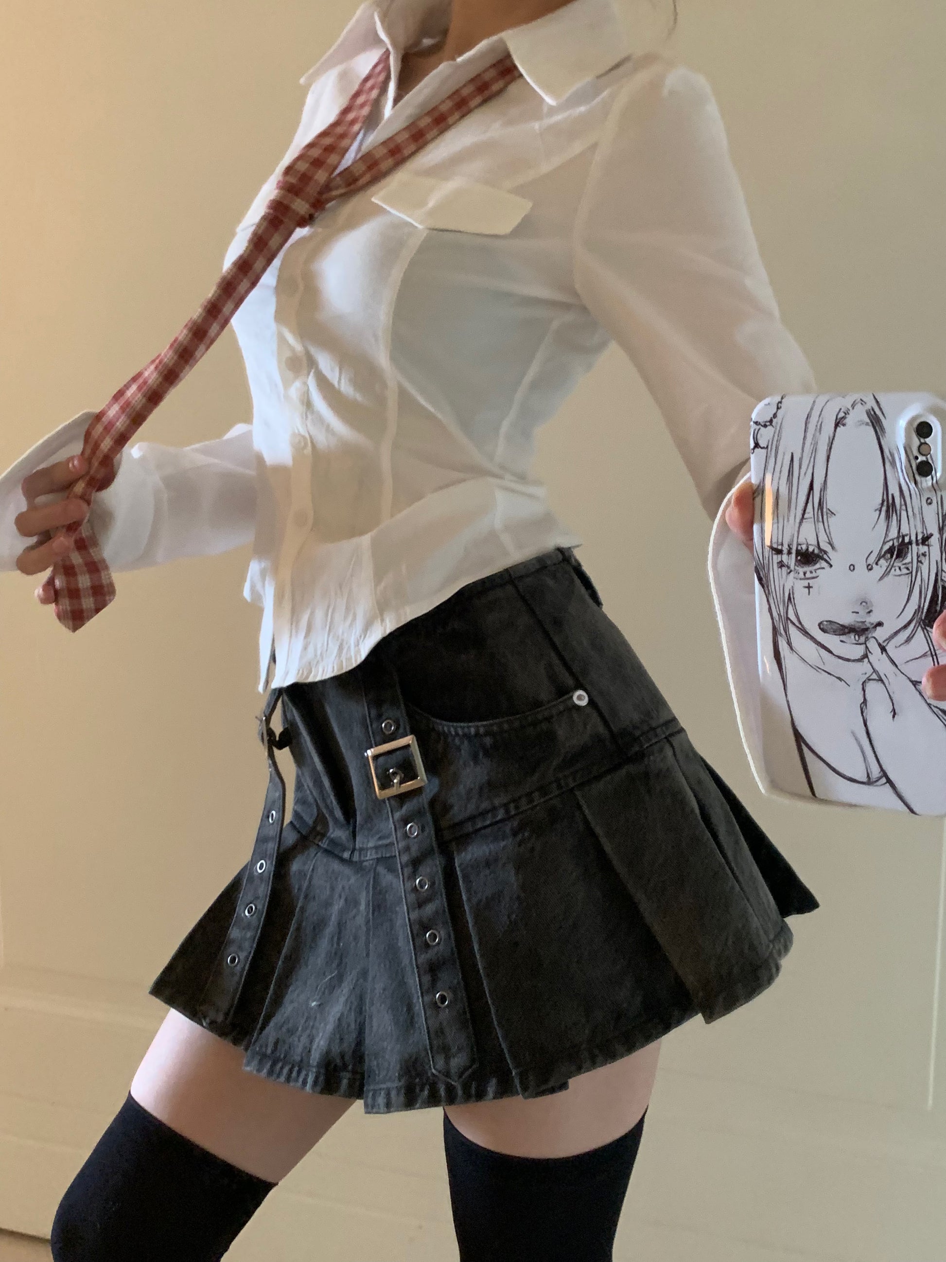 Washed belt denim skirt Washed belt denim skirt