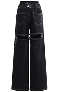 back cutout denim pants (black×white)