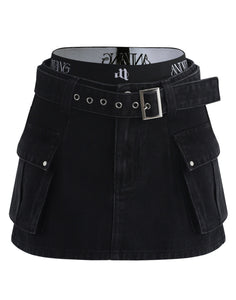 denim cargo mini skirt